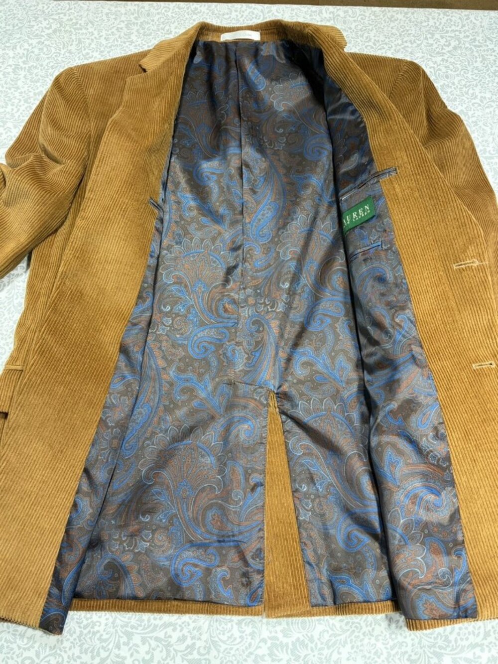 RALPH LAUREN Men’s 2 Button 40R CORDUROY Blazer Leather Buttons Tan Paisley - Picture 5 of 9